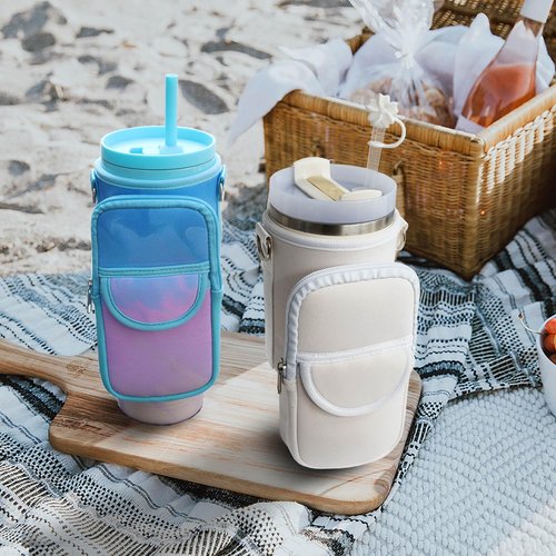 BOCMTR Water Bottle Holder with Strap for Stanley 30/40 oz Tumbler, Fashion Stanley Cup Bag with Big Phone Pocket, Silicone Boot, Straw Cover & Leak Proof Stoppers (Black)
