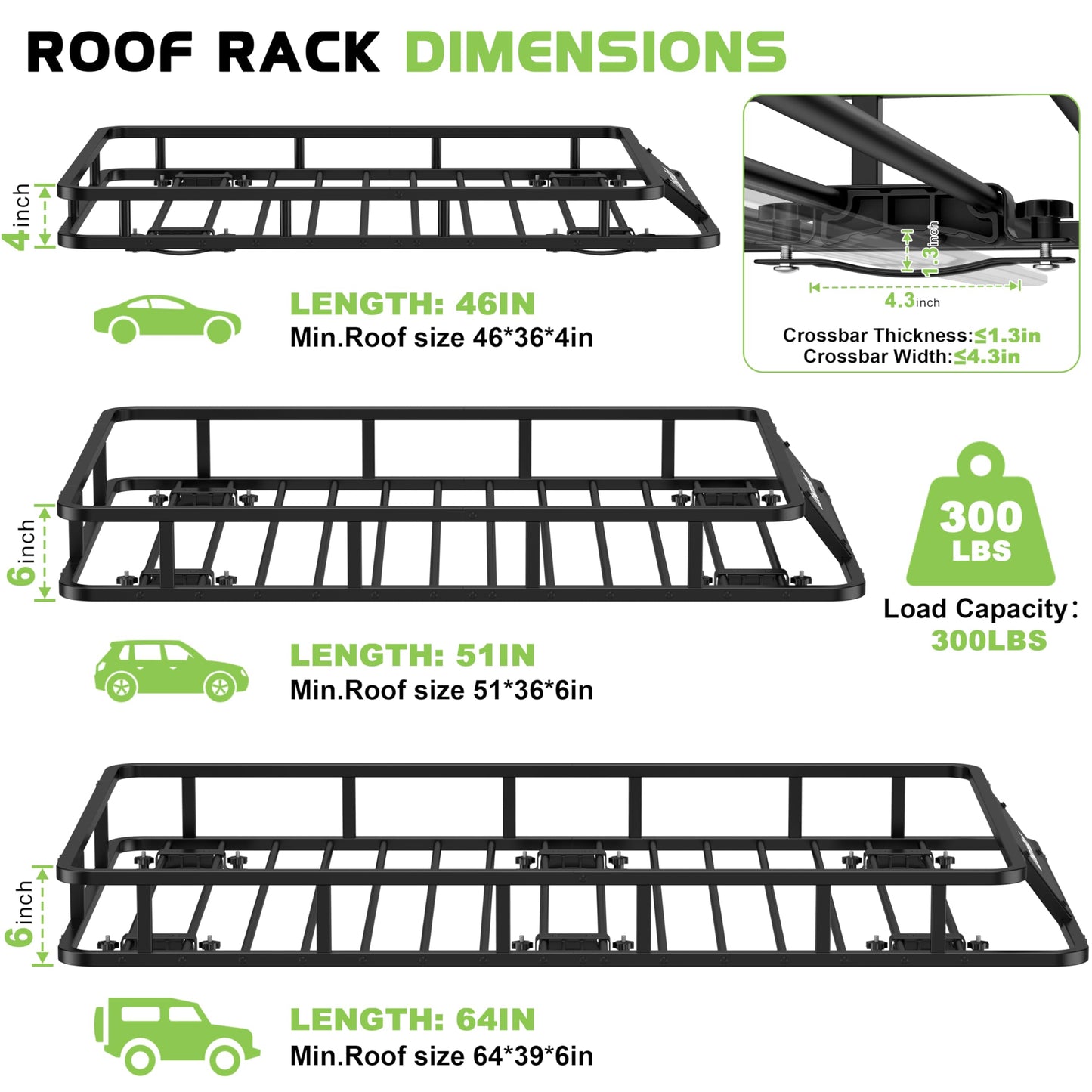 CursorTech Roof Basket 64" x 39" Heavy Duty Roof Rack Cargo Basket 300 lbs Capacity Steel Rooftop Cargo Carrier Luggage Holder Rack for SUV Truck Car Travel Camping Storage