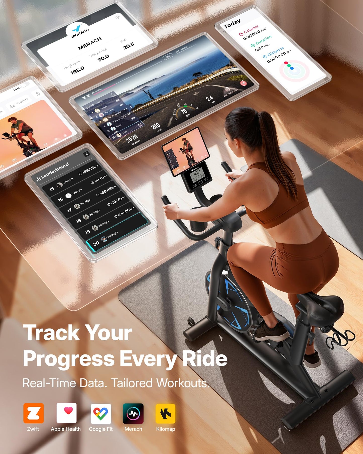 Merach Magnetic Exercise Bike, Low Noise Stationary Bike for Home with Comfortable Seat Cushion, Spinning Bike with 330 lb Weight Capacity, Exclusive App, Tablet Mount and Fitness Courses