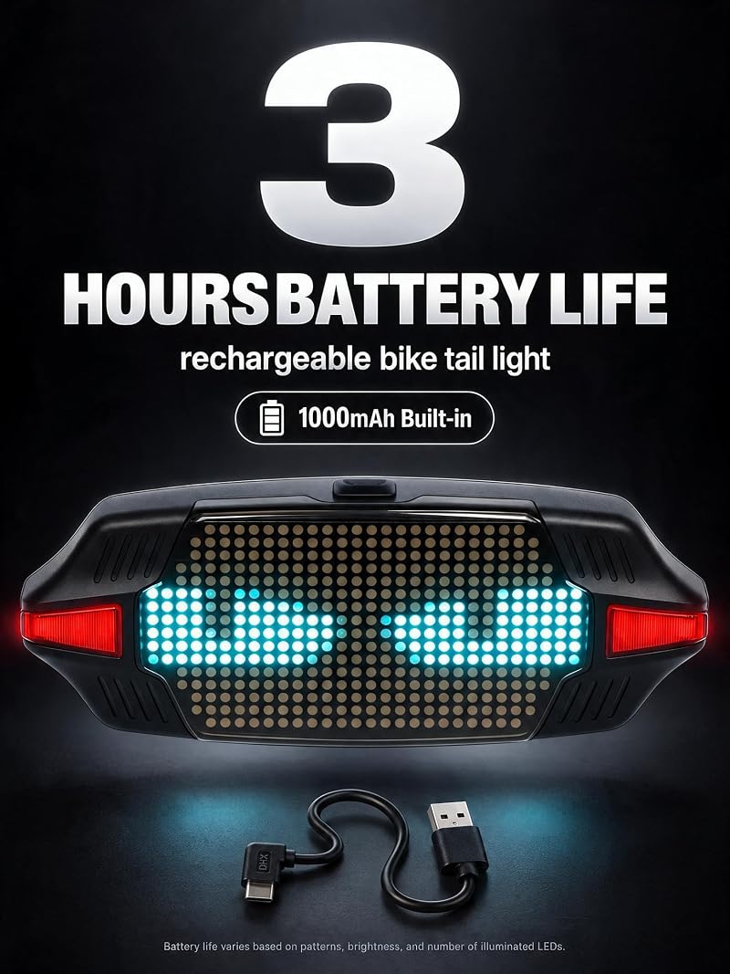 Smart Bicycle Tail Light with Remote, USB-C Rechargeable Turn Signals, 1000mAh