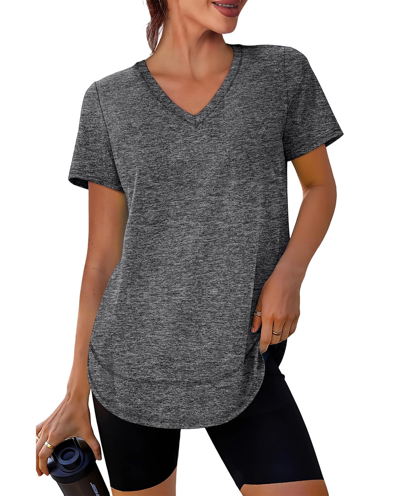 Short Sleeve Shirts for Women Workout Yoga Tops Sun Protection Clothing Summer Outfits Rash Guard Side Slit V Neck Dark Grey XL