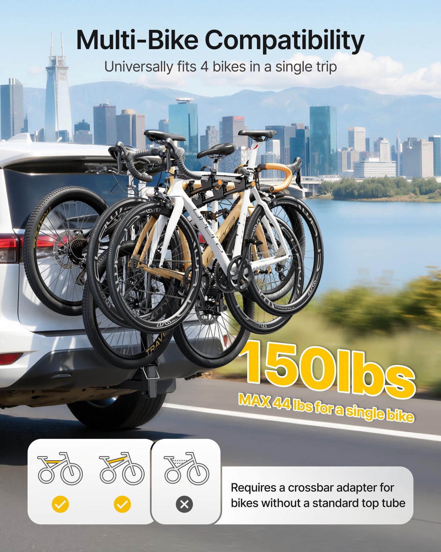 monTEK 4-Bike Rack for Cars, Trucks, SUVs with 2” Hitch, Foldable & Tiltable Bike Rack Hitch,3mm Thick Heavy-Duty Steel Frame, Hitch Bike Rack with Anti-Rattle Stability and Straps, 150 Pound Capacity