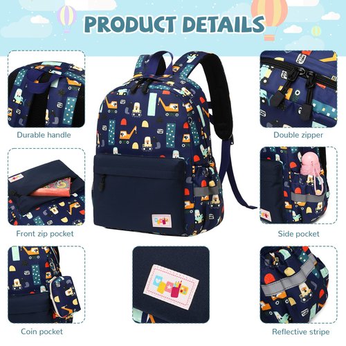 mygreen Toddler Backpack, Car Colorful Preschool Bag with Chest Strap, Kindergarten Schoolbag for Kids, Boys, and Girls (Truck Blue)
