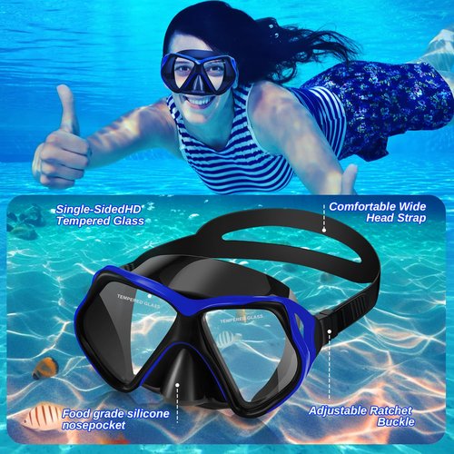 Snorkeling Gear for Adults Set & Dry Snorkel Set, 180° Panoramic Wide View Scuba Mask and Snorkel, Leak Proof Anti-Fog Swim Diving Mask for, Snorkeling, Swimming, Diving(Black Blue)