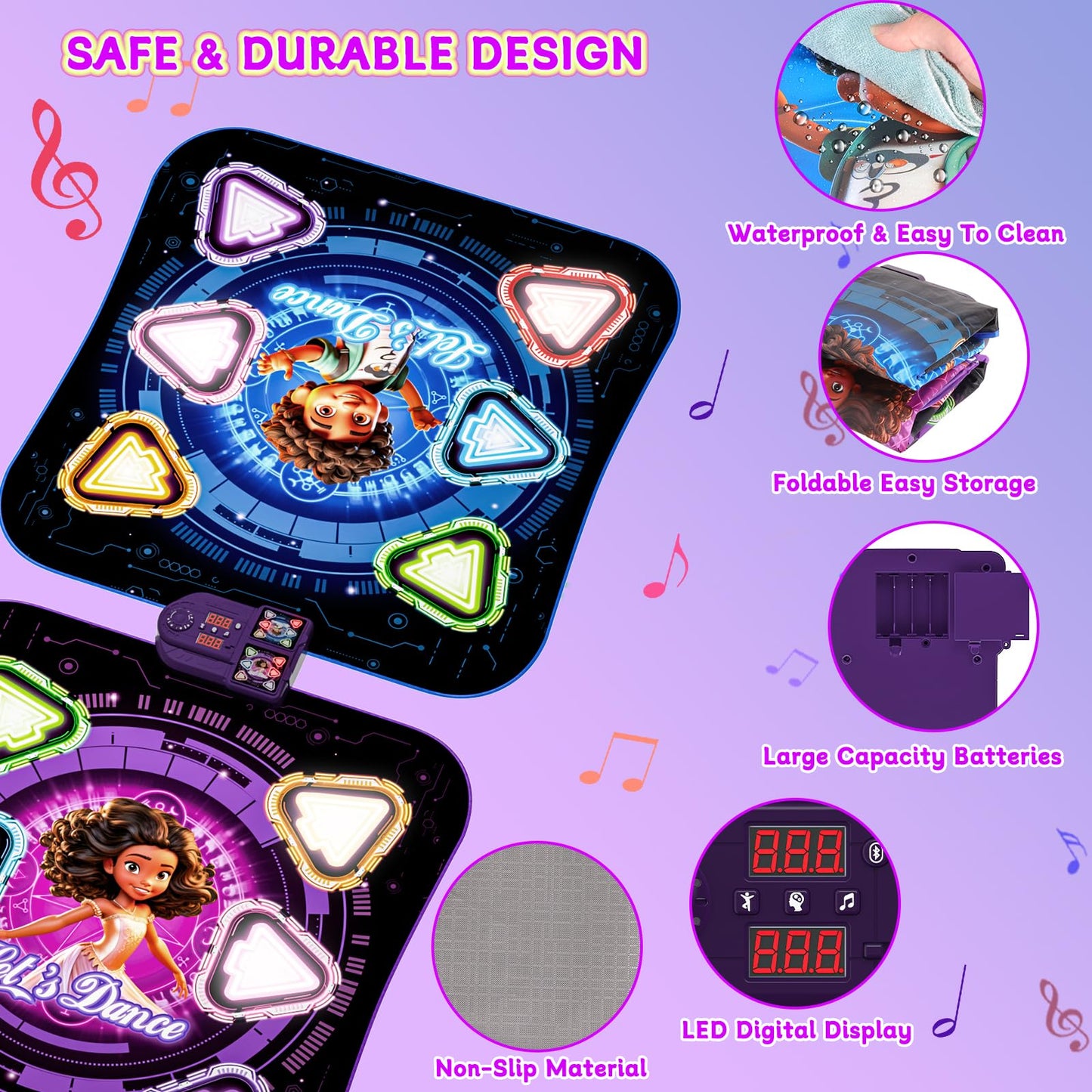 Double Dance Mat for Kids, Single & Double Players Electronic Dance Pad with Light-up12-Button Wireless Bluetooth, LED Light 5 Game Modes Christmas Birthday Gift for Girls Boys Ages 3 4 5 6 7 8 8-12