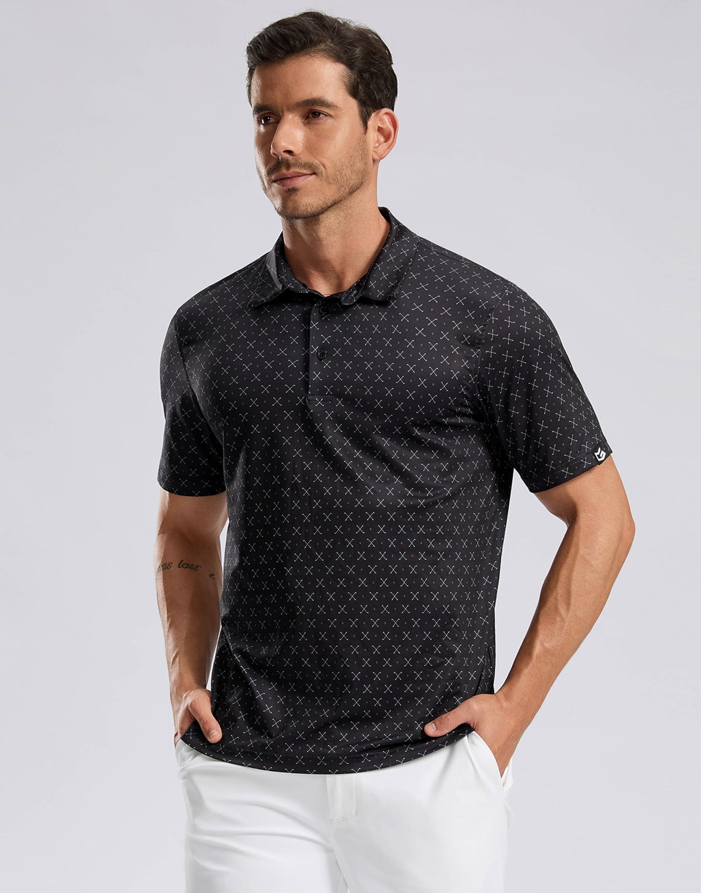 Men's Golf Shirt Short Sleeve Dry Fit Polo Moisture Wicking Print Collared Golf Shirts for Men Casual Lightweight(Golf Clubs Black,M)
