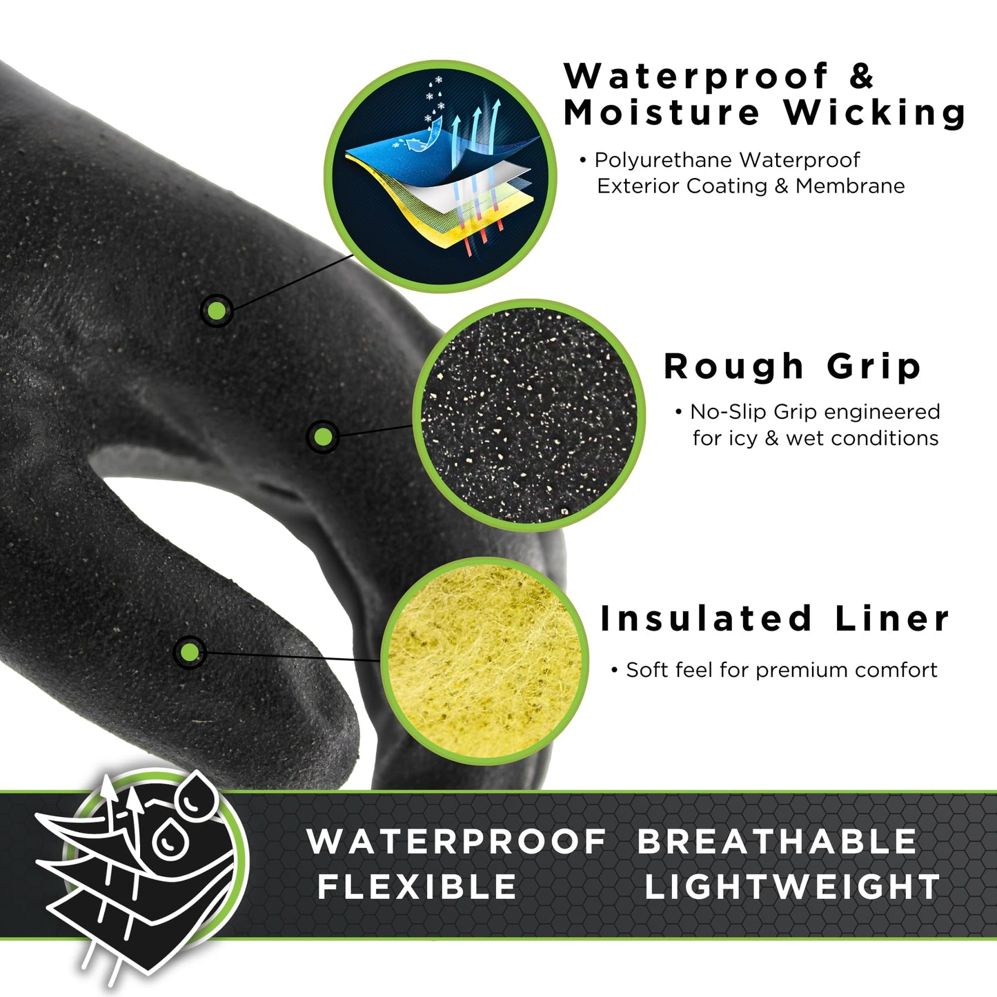 SHOWA TEMRES 282-02 Waterproof Insulated Winter Work Gloves, Breathable Polyurethane, Integrated Drawstring Gaiter Snow Cuff, Thermal Fleece for Skiing, Ice Fishing, Black, Medium, 1 Pair