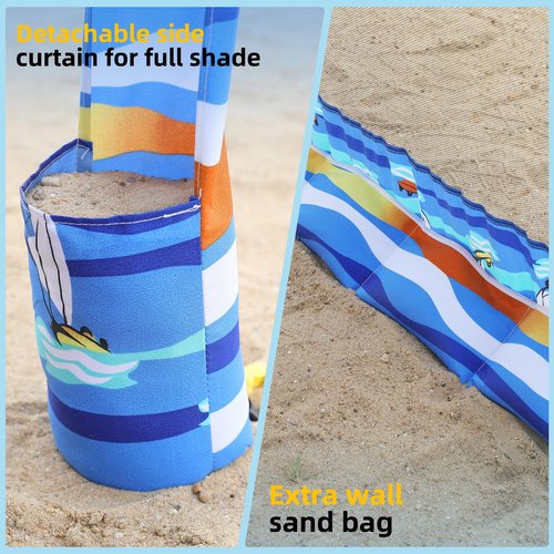 Jihfmo Beach Cabana, 6.2'×6.2' Beach Canopy with Side Wall, UPF 50+ UV Protection Easy Setup Tent Sun Shelter with Sand Pockets for Whole Family(Summer Sailboat)