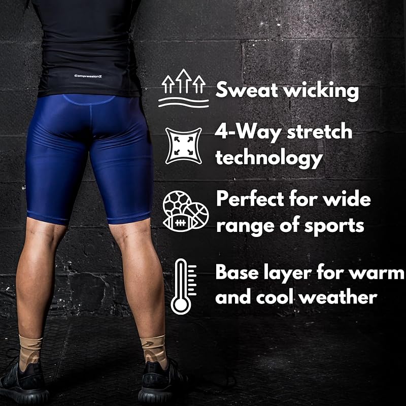 Men's Compression Shorts 9" 4-Way Stretch Baselayer - Black, No Pockets, 9" Inseam