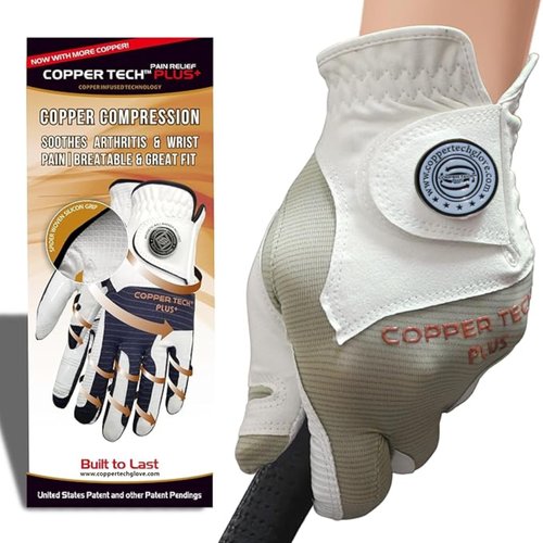 Copper Tech Plus Women’s Copper Infused Golf Glove – White/Khaki – Compression Support, Non-Slip Grip, Arthritis Relief, Pain Support, USGA Approved, One Size