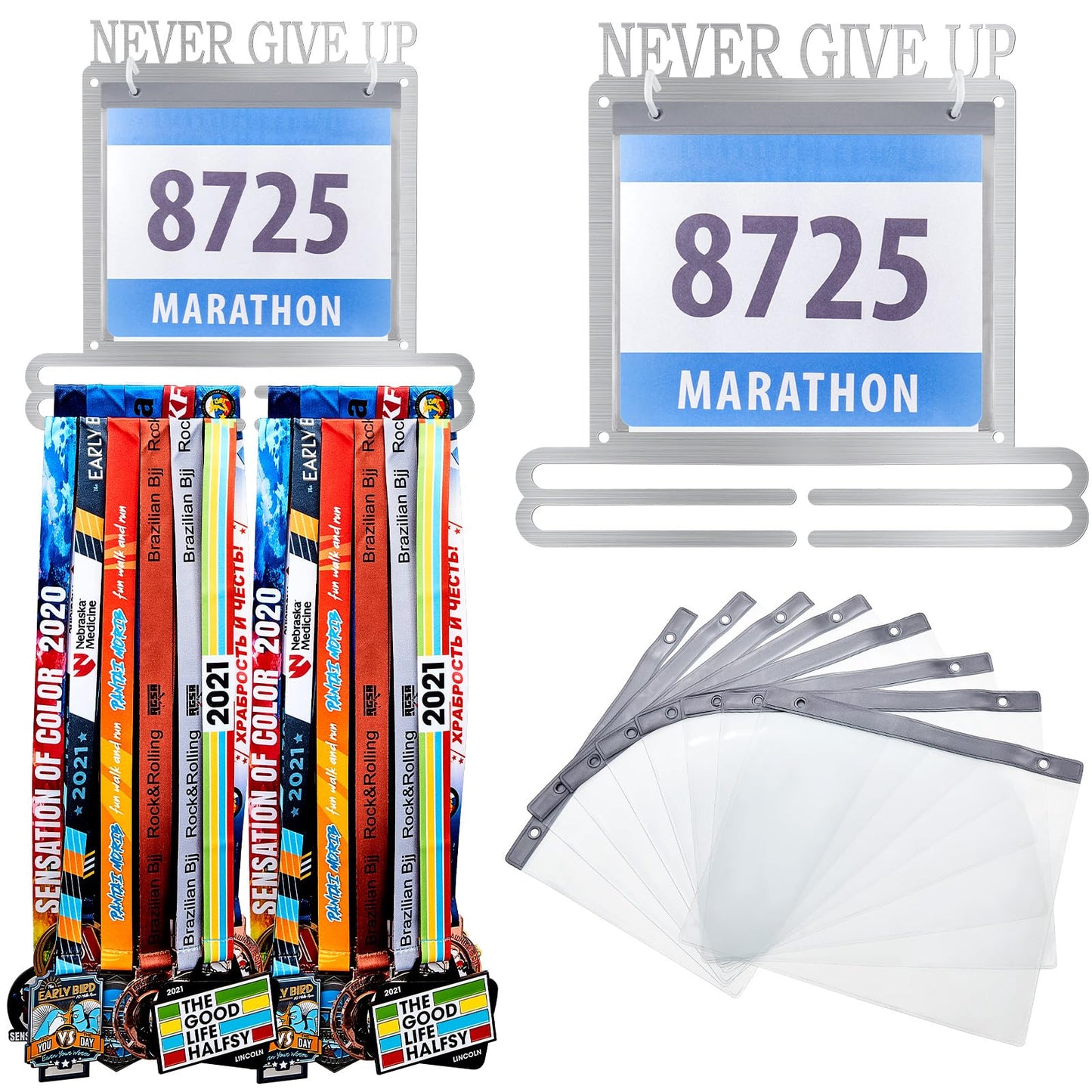Moxweyeni Race Medal and Bib Display Medal Hanger Running Bib Holder Wall Mounted Hanging Rack stands Gifts for Runners(Silver,13.78 x 12.6 Inch,Groovy)