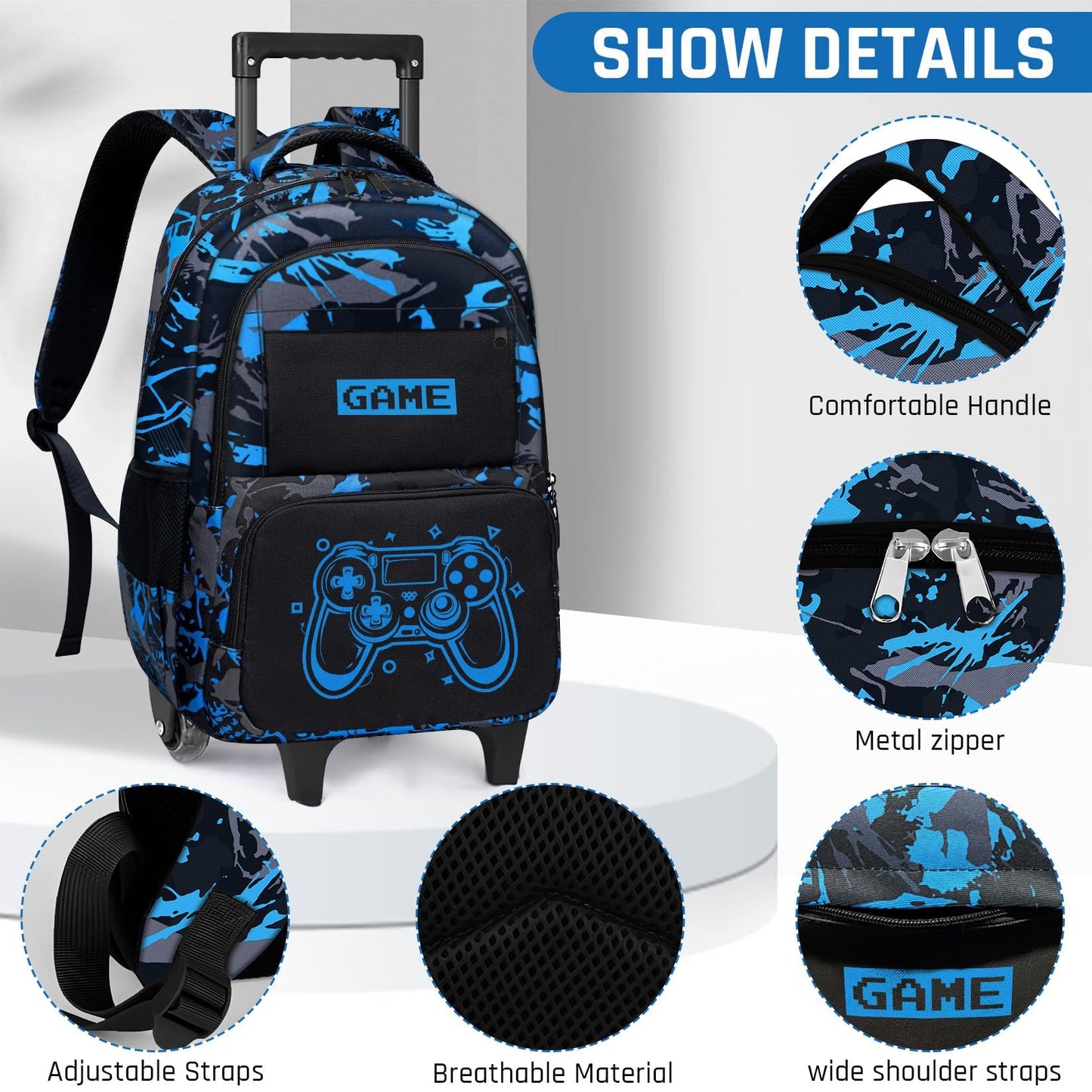 Fitvc Boys Rolling Backpack for Kids - Glow in The Dark Kids Rolling Backpack with Wheels for Elementary Middle School - Gamer Roller School Bookbag Aged 6-18, Wheeled Travel Bag Large Capacity