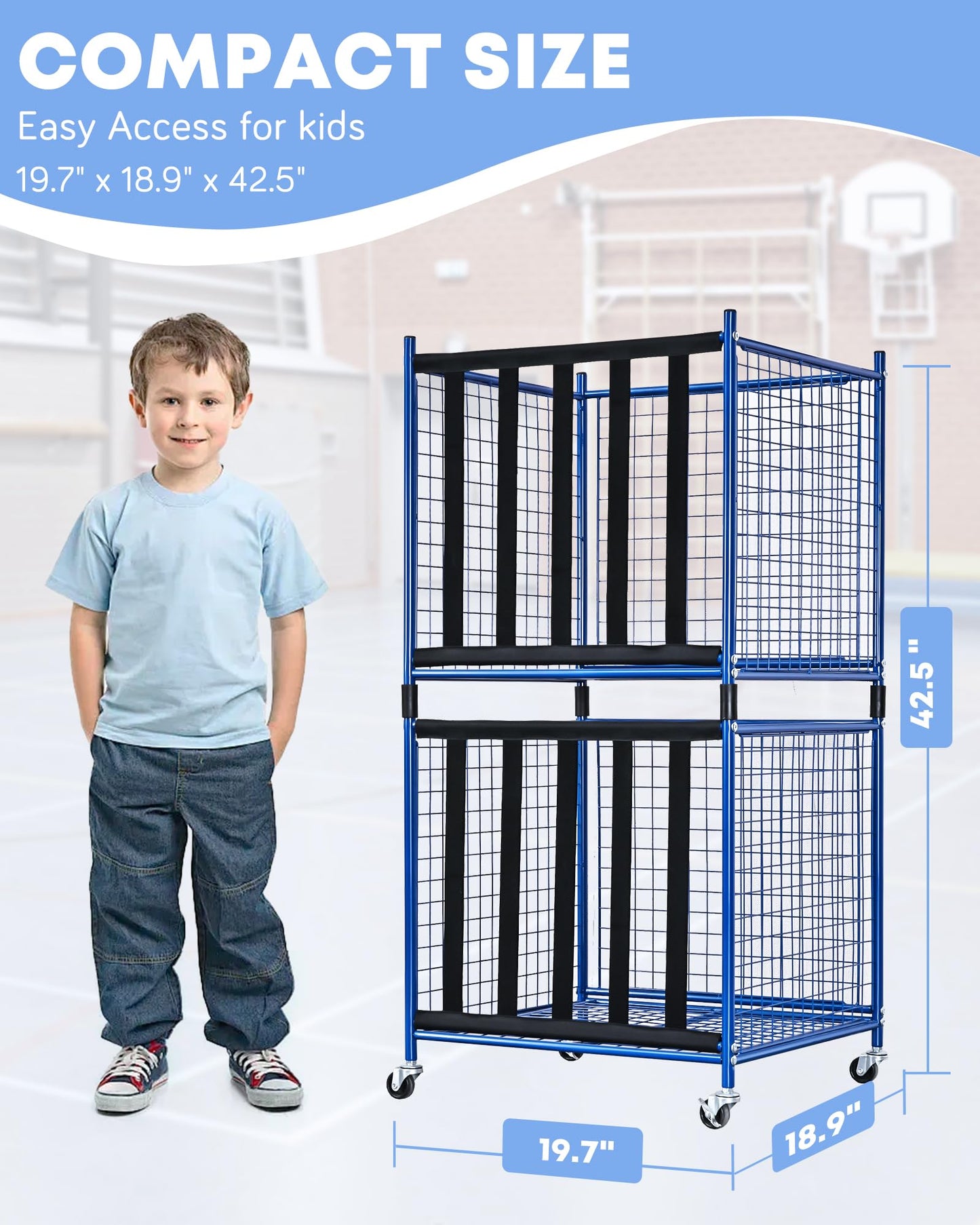Mythinglogic Rolling Sports Ball Storage Cart, Sports Lockable Ball Storage Locker with Casters, Stackable Ball Cage for Garage Storage Garage Organizer (2 Pack Blue)