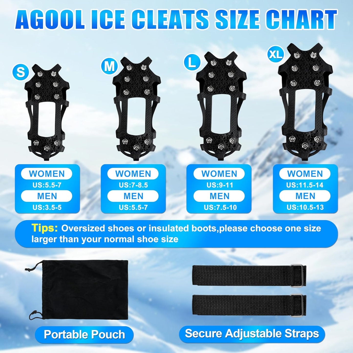 Ice Cleats for Shoes and Boots Snow Traction Cleats Crampons for Walking on Snow and Ice 9 Studs Non-Slip Overshoe Rubber Anti Slip Crampons Slip-on Stretch Footwear Winter Hiking Climbing Ice Fishing