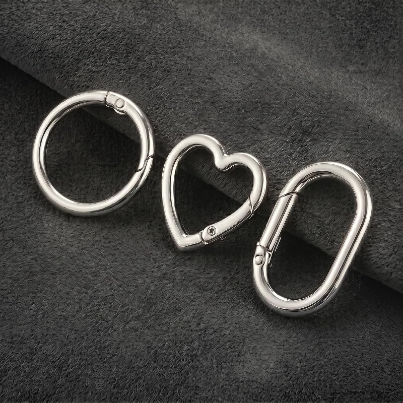15Pcs Gold Oval, Silver Round & Heart Carabiner Clips Set – Keychain & Bag Charm Hardware (Variation: Silver Round 19mm, Oval 20mm, Heart 18mm)