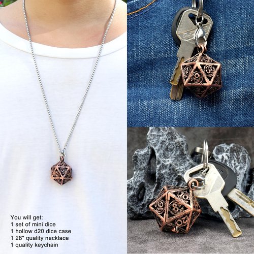 Haxtec Mini Metal DND Dice Set with Hollow Necklace Dice Case Antique Tiny Metal Dice Set D&D Keychain Portable 7PCS Dice Set