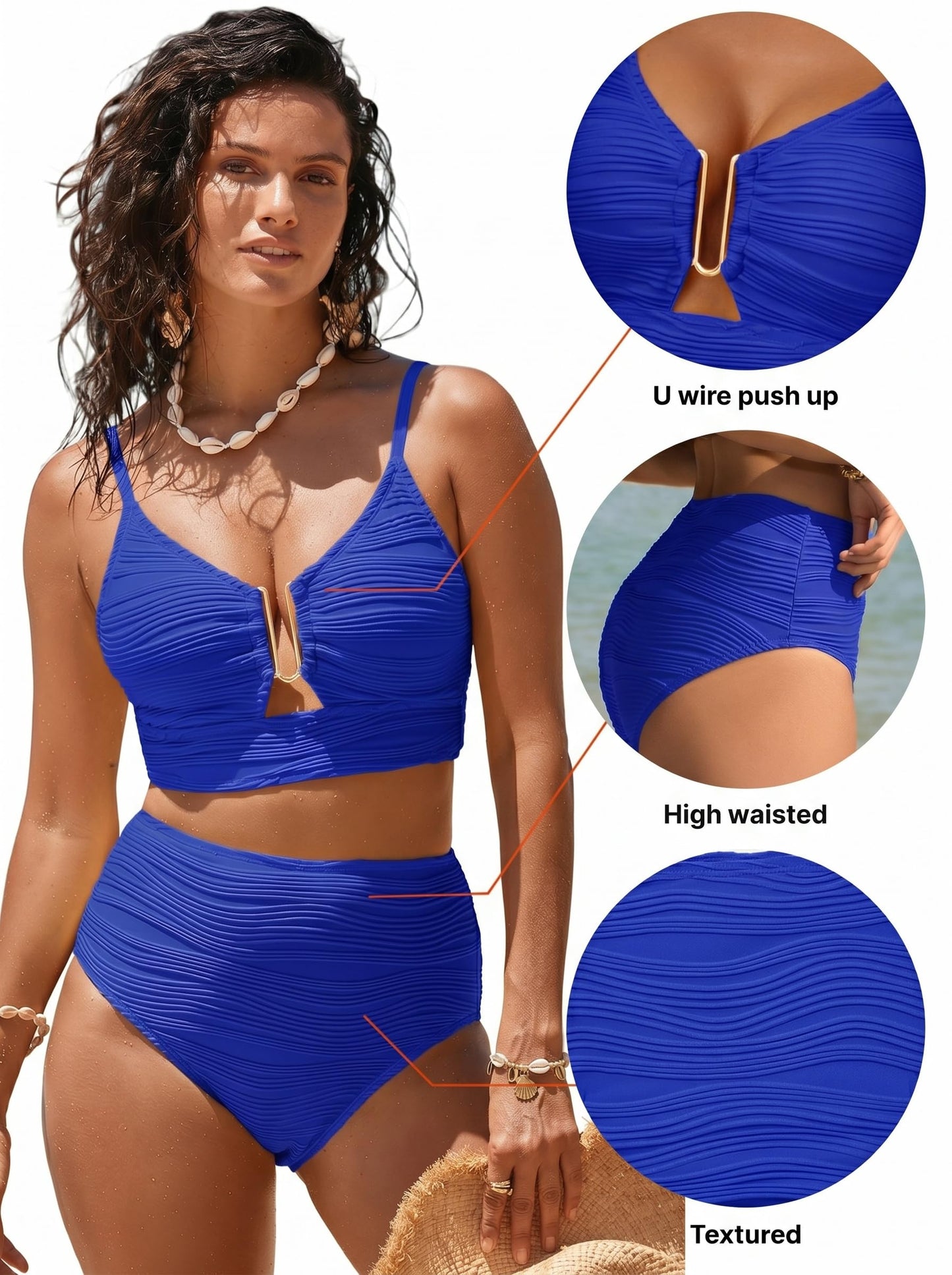 Herseas 2 Piece Popular Bikini Sets U-Wire Cutout Padded Supportive Swimsuit High Waisted 2026 Summer Beach Fashion Bathing Suits Vintage Holiday Outfits Bright Blue XX-Large
