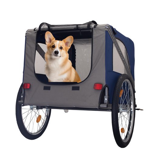 HXUHUWS Safe and Comfortable Dog Bike Trailer, Mesh Pet Carrier with 3 Entrances, Folding Design, 20-Inch Wheels, Blue-Gray