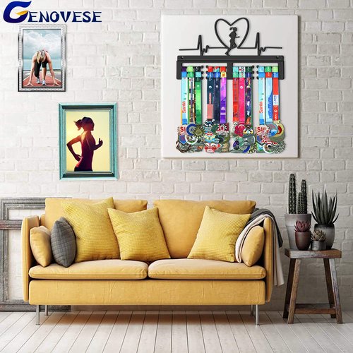 GENOVESE Medal Hanger for Women's Running,Marathon Medals Display Rack,Black Sturdy Steel Metal Holder,Wall Mount Over 50 Medals