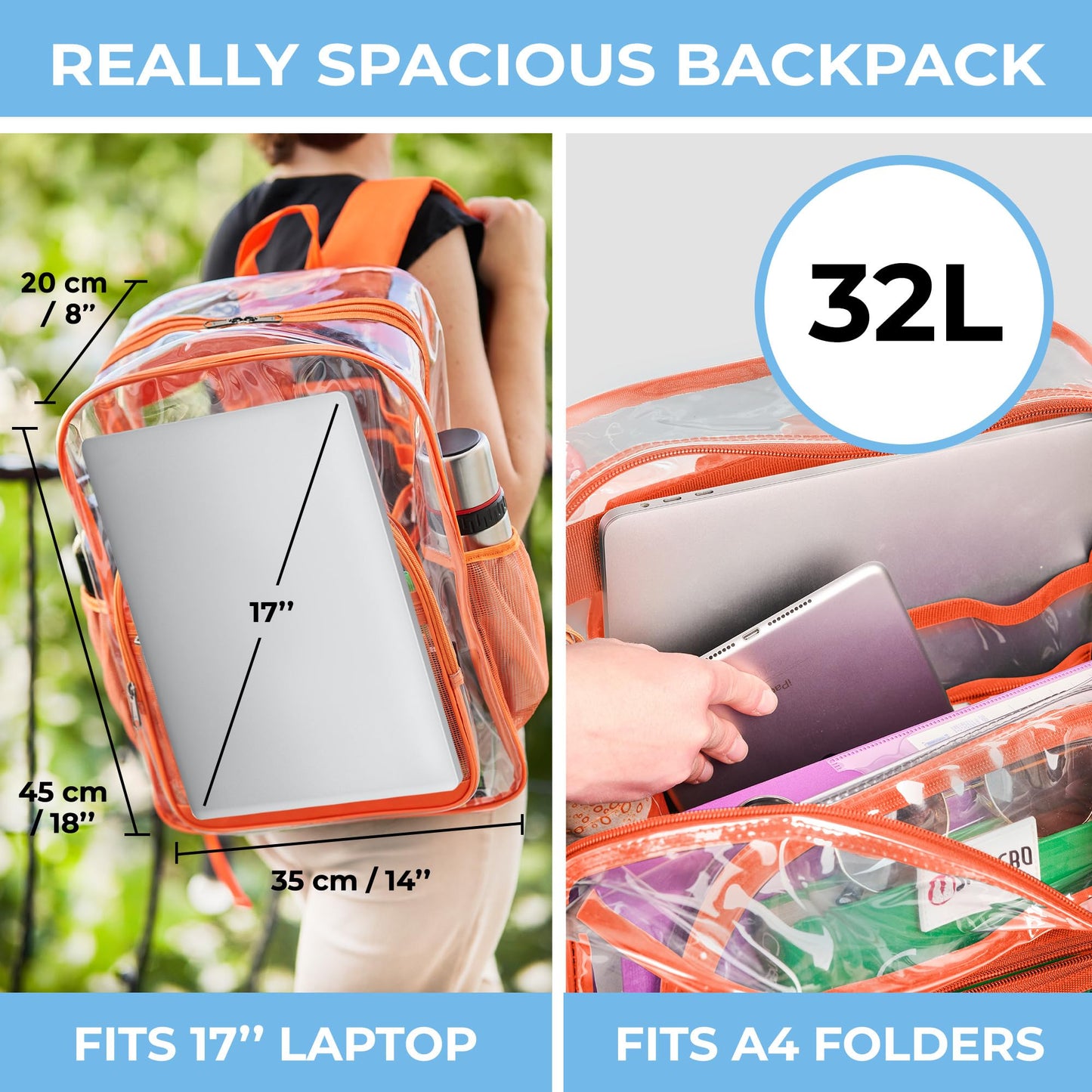 SHYLERO Clear Backpack Heavy Duty has TSA Lock, 2-WAY Zipper. PVC Transparent Backpack Is Extra Large - H18''xW14''xD8 - Orange
