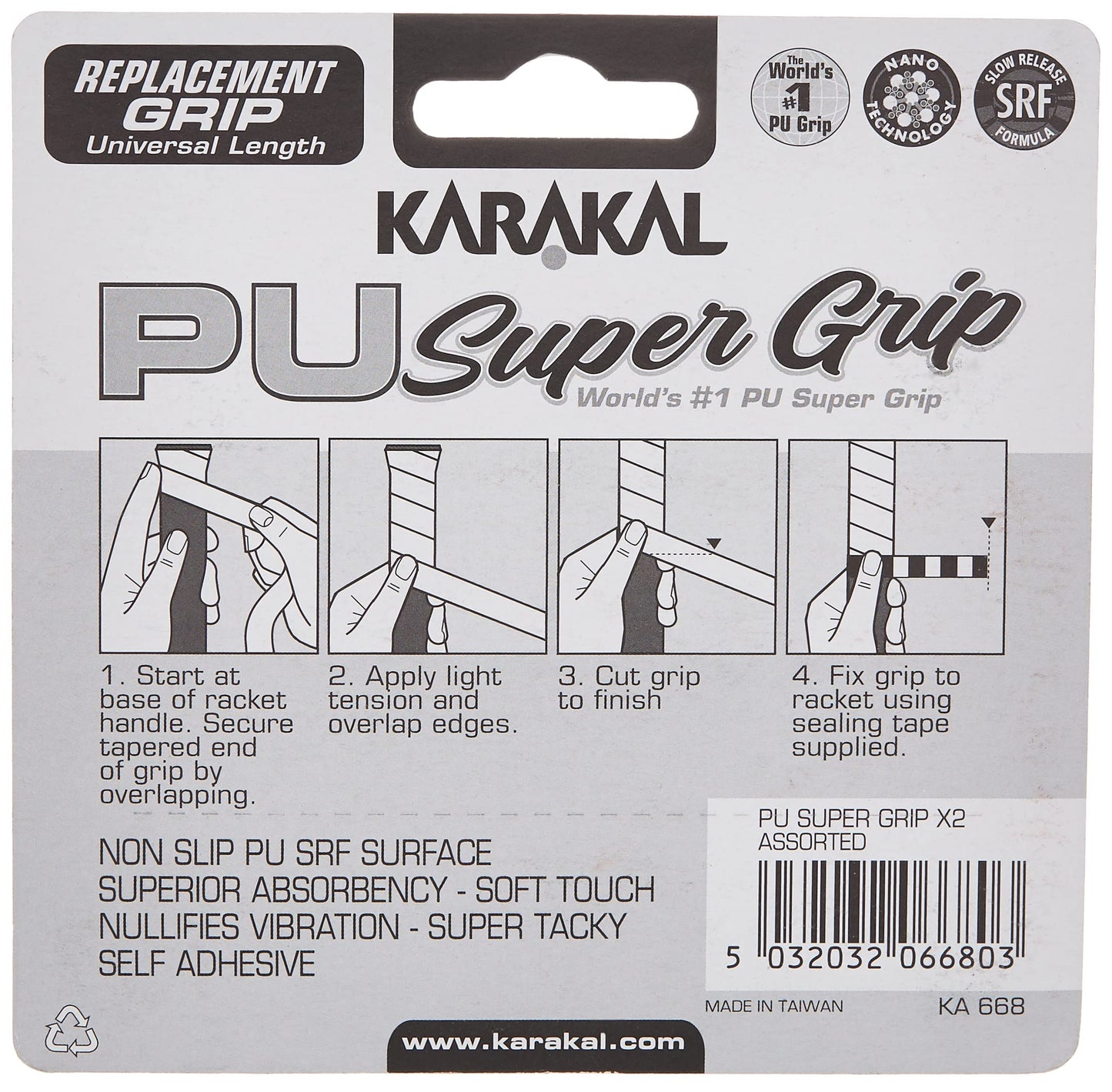 Karakal - PU Super Grip - Self-Adhesive Grip Tape for Badminton, Squash, Tennis, Hockey Stick or Ice Hockey Stick – Pack of 5 or 24 – Assorted Colours, White, 2 x Grips