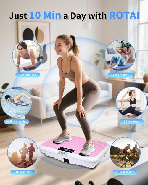 ROTAI Vibration Plate, Lymphatic Drainage Massager for Circulation Boost & Recovery, Vibration Plate Exercise Machine with Remote & Loop Bands, Compact Home Fitness Platform for Shaping (Pink)