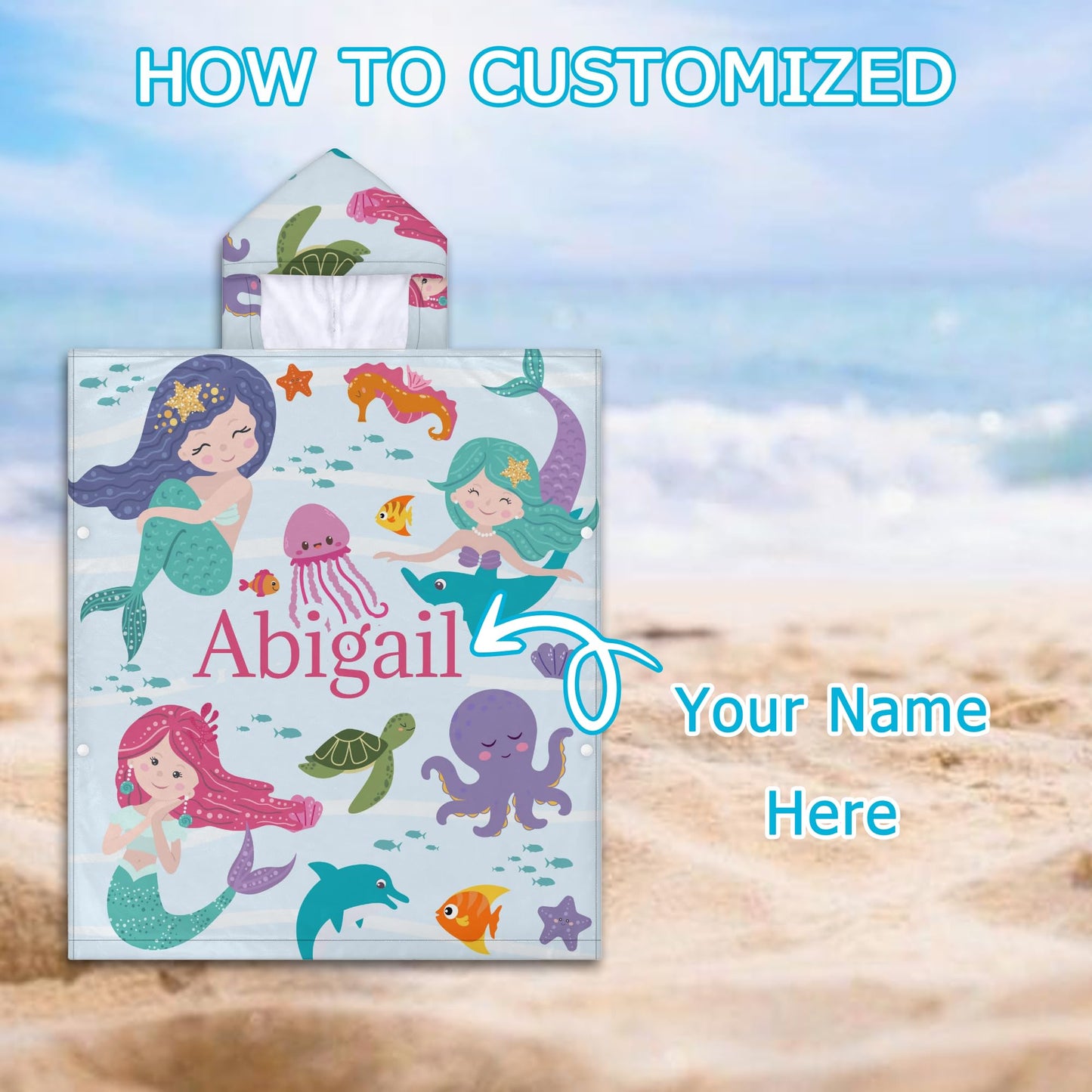 Personalized Mermaid Hooded Beach Towels for Toddlers, Customized Hooded Bath Towel for Girls Kids with Name, Baby Poncho, Custom Microfiber Soft Towels 1-6 Years with Hood Robe for Pool Swimming