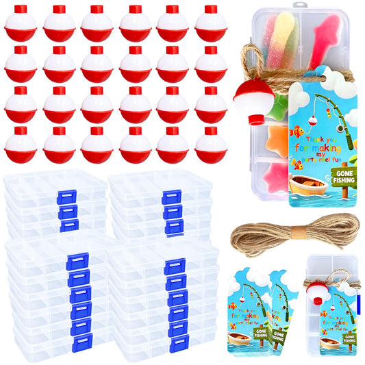 24 Sets Fishing Party Favor, Mini Tackle Boxes for Party Favor for Fishing Birthday Party Decorations with 24 Mini Candy Tackle Box, Fishing Bobber and Thank You Cards Fishing Themed Party