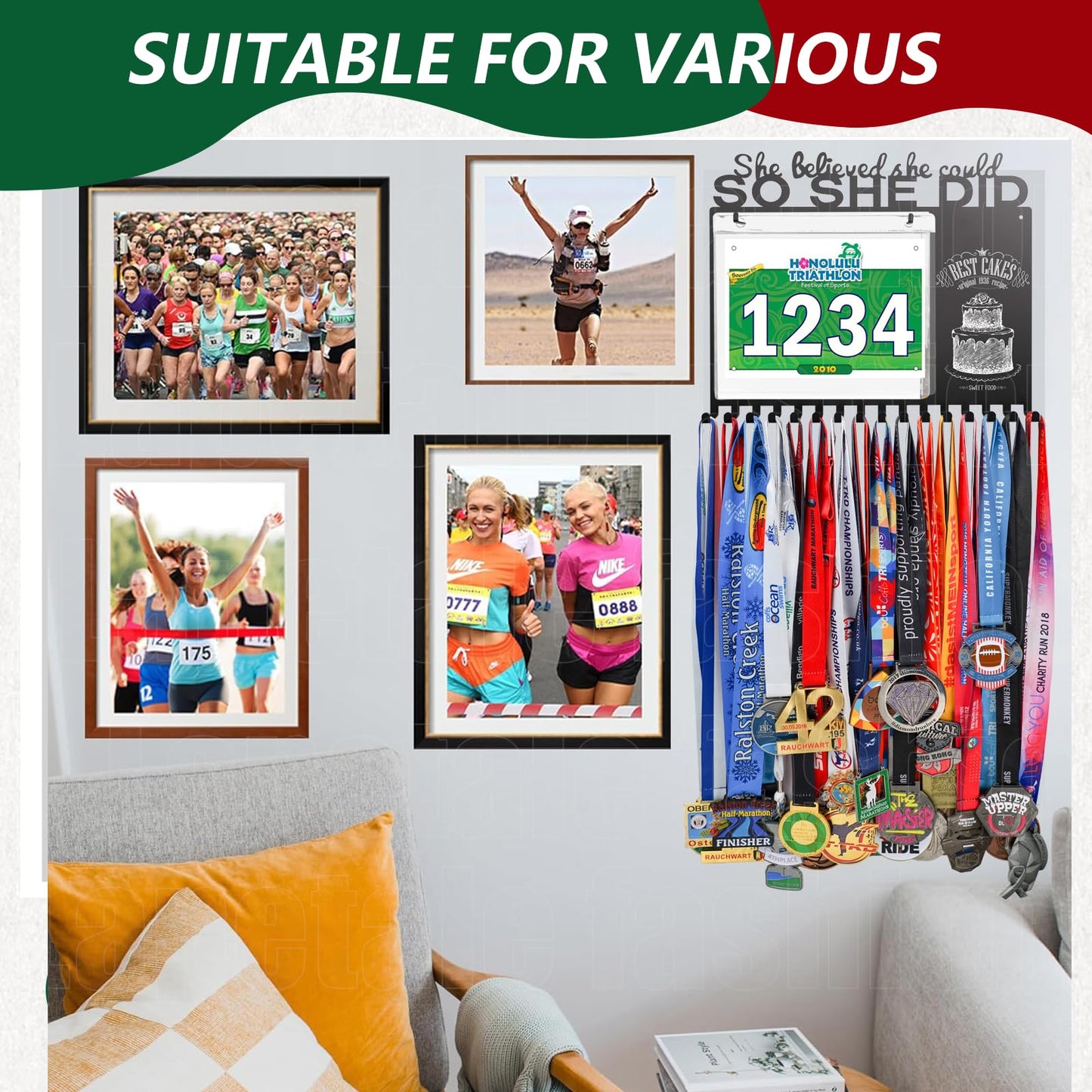 Lapetale Fashion She Believed She Could SO SHE DID Race Bib and Medal Display,Marathon Medal Display and Runner Medal Hanger Display,Bib Running Medal Display Gifts for Runners Athlete Luxurious