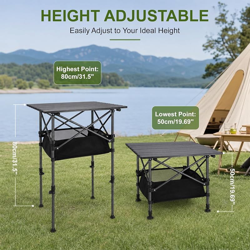 Camping Table 19.7in x 20.9in with Adjustable Height, Black - CAPASTEC Variation: Black