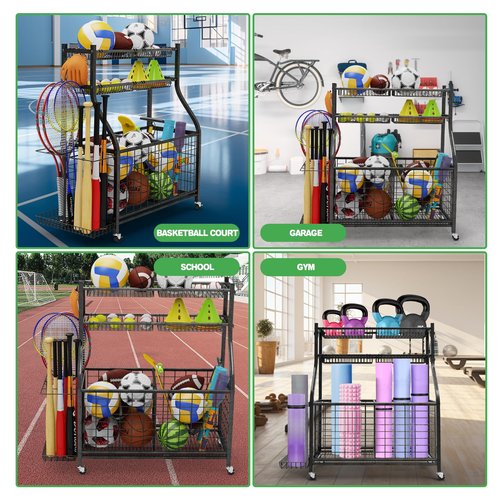 CaMecequter Garage Sports Equipment Organizer with 4 Baskets & 6 Hooks - Heavy Duty Freestanding Ball Storage for Basketball, Soccer & Outdoor Toys (Black)