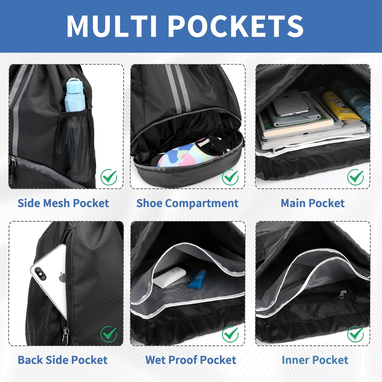 JELUTAR Drawstring Backpack Gym Bag with Shoes Compartment for Soccer, Basketball, Swim