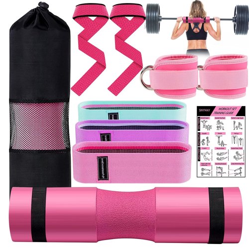 SINYWAY Barbell Pad Set, 10 Pcs Barbell Squat Pad for Hip Thrusts, Lunges, Leg Day with 2 Gym Ankle Straps, 3 Hip Resistance Bands, 2 Lifting Strap, Barbell Pad and Carry Bag