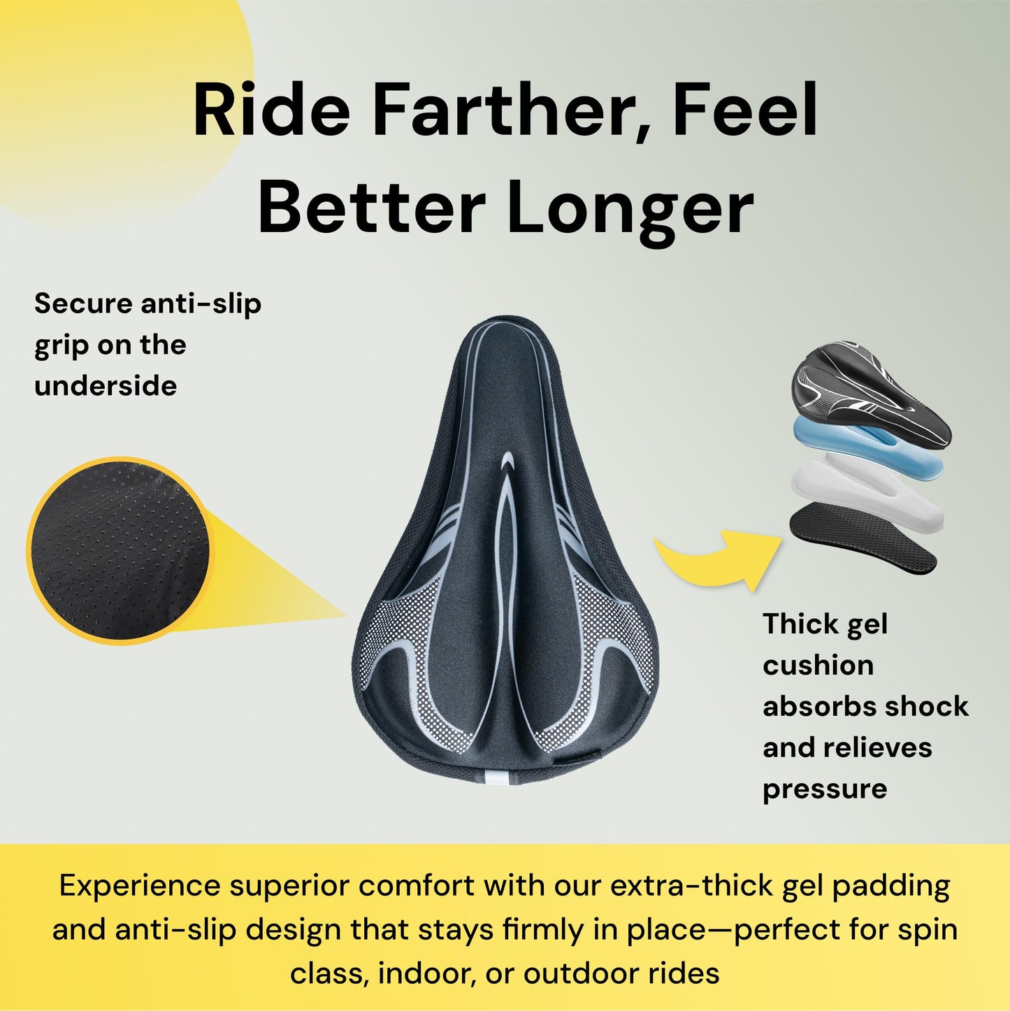 BraceUP Gel Bike Seat Cover for Women & Men, Padded Bicycle Seat Cushion with Extra Thick Silicone Sponge, Anti-Slip Design, for Stationary, Spin, and Indoor Cycling Bikes