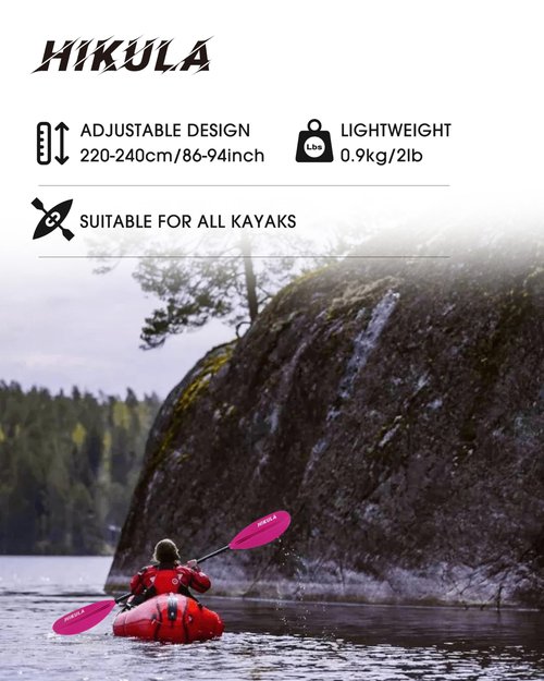HIKULA Kayak Paddles Aluminum Shaft Paddle with Nylon Blades, Floating Adjustable Kayaking Oars, 3 Piece, 220-240cm/86-94 Inches,Black/Rose/Teal