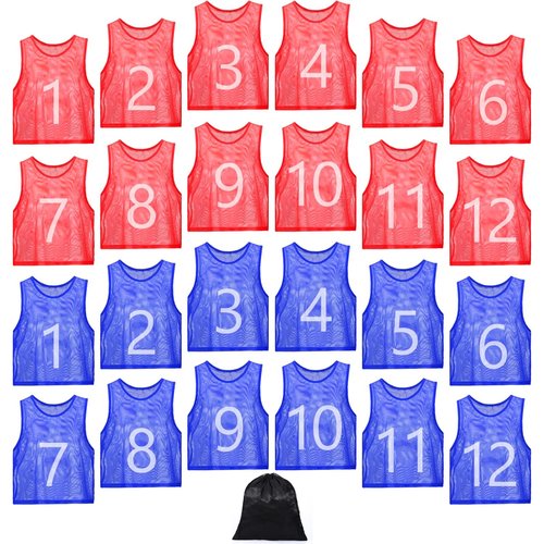 JenPen 24 Pcs Nylon Mesh Pinnies with Numbers Scrimmage Jerseys for Scrimmage Vest Soccer Bibs for Youth Adult with Carry Bag(Blue, Red)