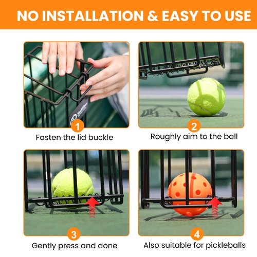 Pickleball&Tennis Ball Hoppers, Tennis Ball Hopper basket for Picking and Storage,, Sturdy Lightweight Structure Tennis Pick-up Can Accommodate 16 Pickleballs or 24 Tennis Balls(no assembly required)