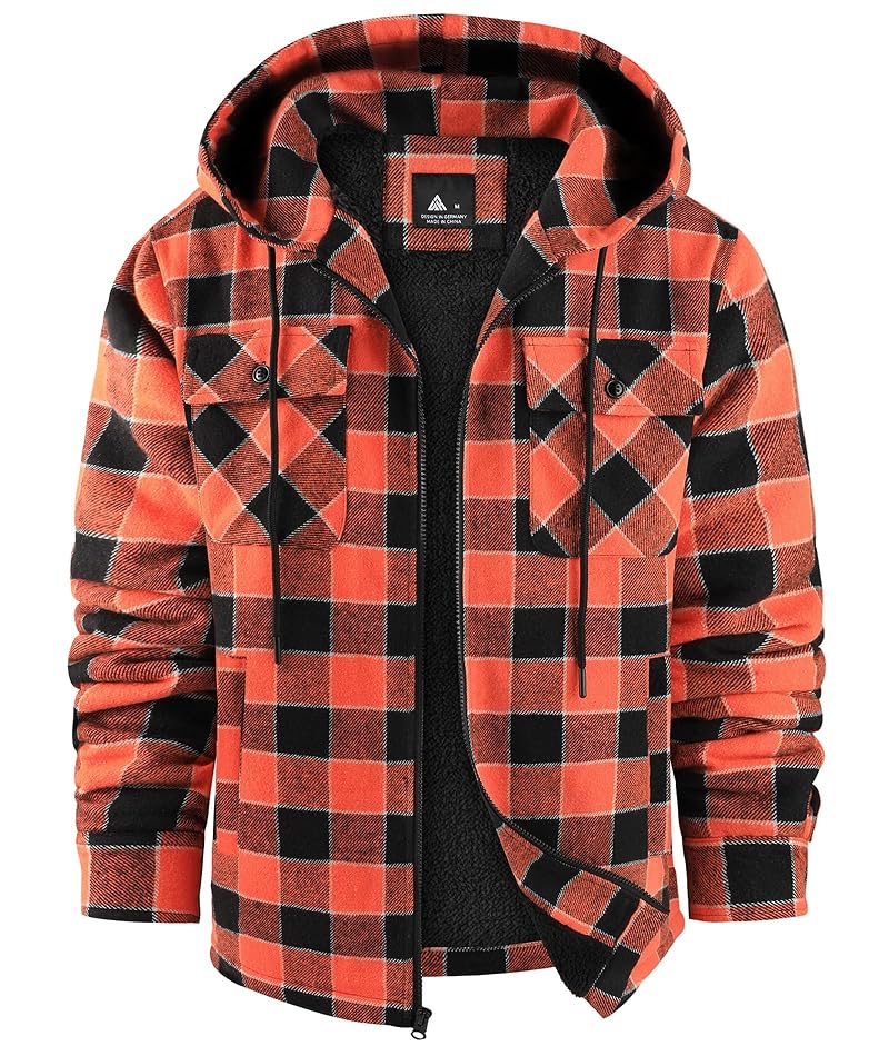 Mens Flannel Hooded Jacket Sherpa Lined Zip Up Plaid - Orange Black XX-Large