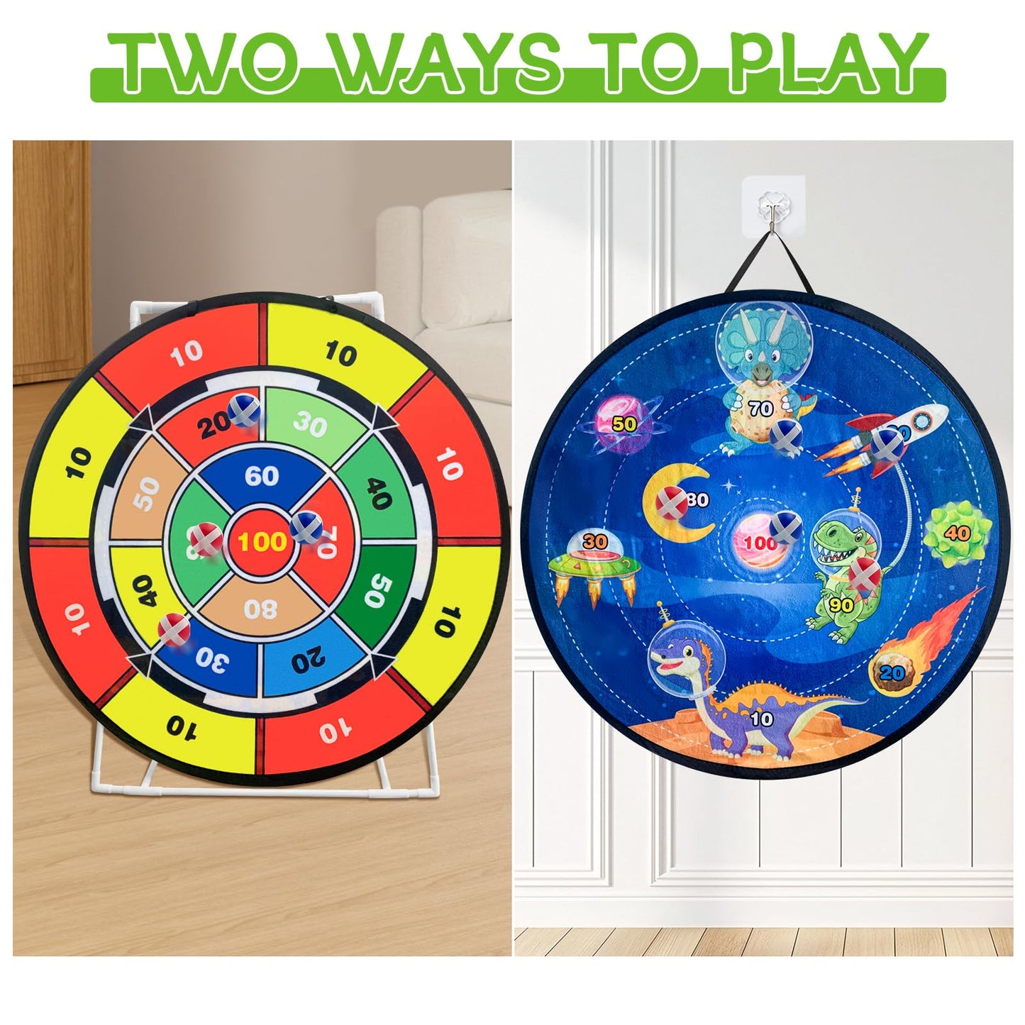 29’’ Large Dart Board for Kids, Space Dinosaur Double Sided Kids Dart Board, Dart Board with Balls for Kids, Outdoor Sports Fun Party Game Kids Toys, Gift for 3-12 Years Old Boys and Girls