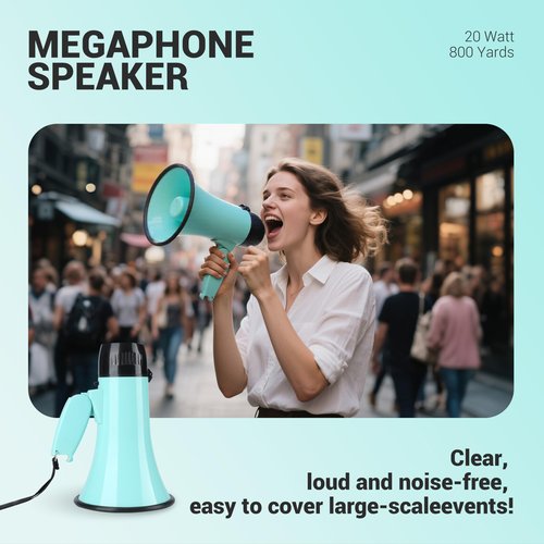 Flydot Megaphone with Speaker Microphone Siren and 240-Second Recording Bulhorn Includes Volume Control for Outdoor Events and Crowd Management Teal