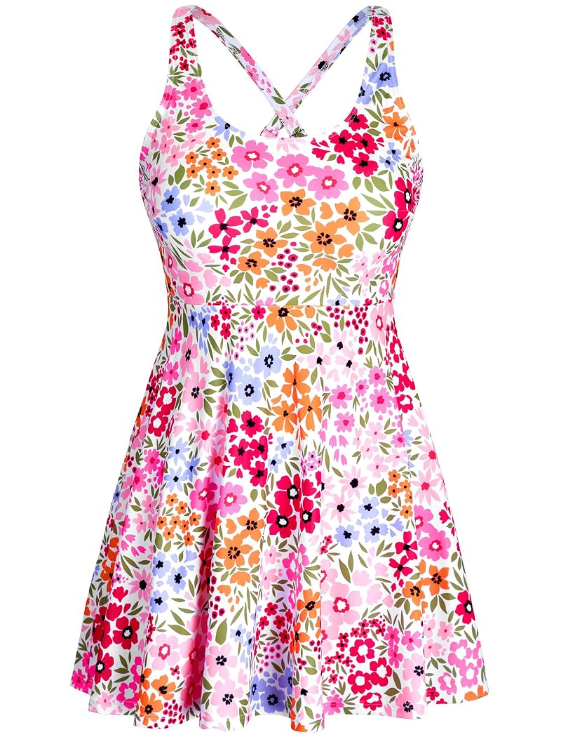 One Piece Swimsuit Women Tummy Control Swim Dress - Colorful Floral, Size S-24W