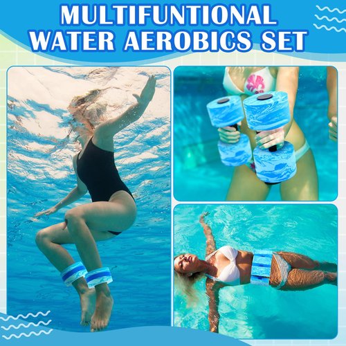 WinnerWhy 6 Pcs Aquatic Exercise Set Water Aerobics Set with Large Mesh Beach Bag Pool Fitness Equipment Foam Water Dumbbell Ankle Swimming Weight Aquatic Swim Belt for Exercise Weight Loss(Blue)