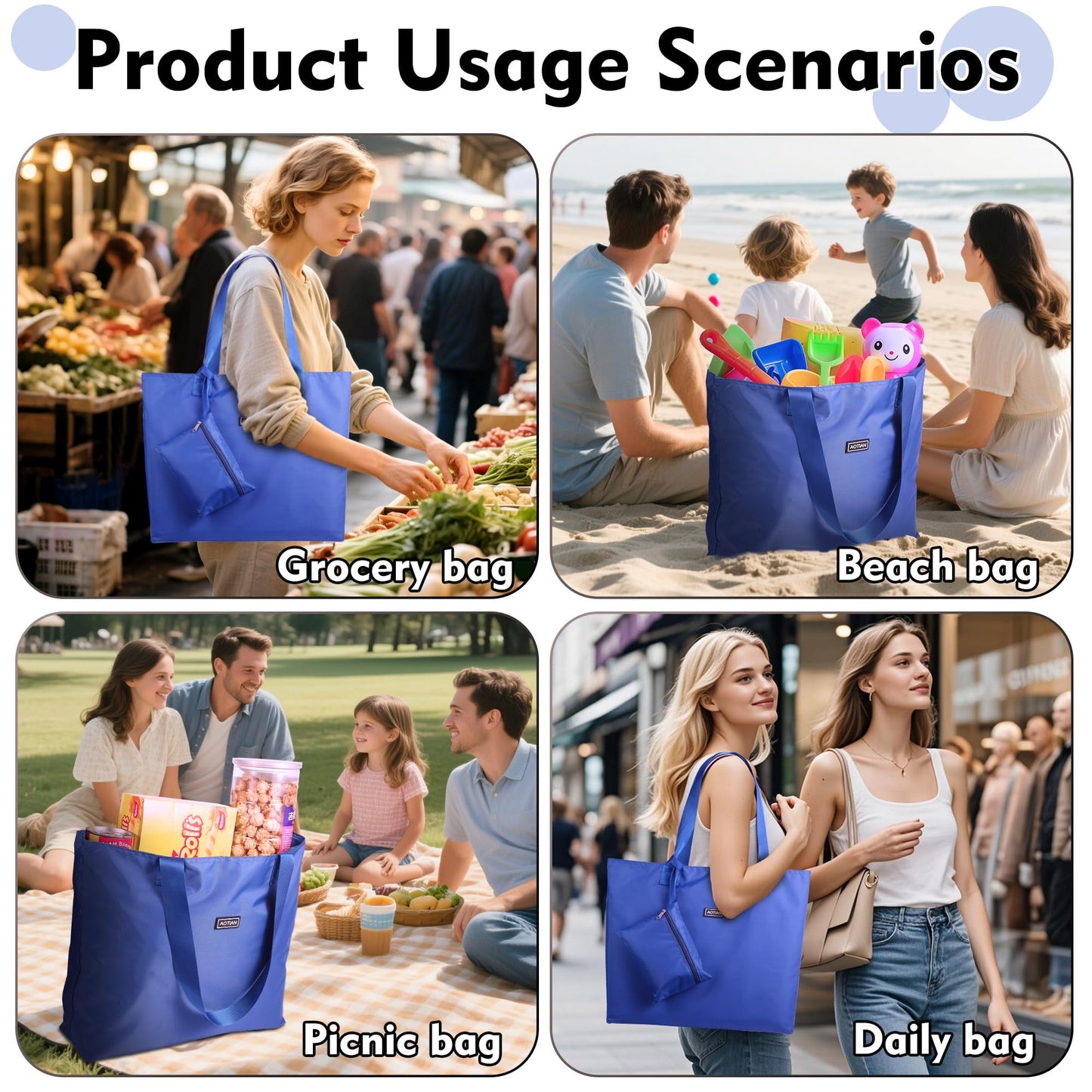 AOTIAN Heavy Duty 20 Liter Reusable Grocery Bags, Thickened Tear-Resistant Polyester Fabric Foldable Machine Washable Shopping Bags, Zipper Closure Water-Resistant Large Tote Bag Travel Gym Beach Bag