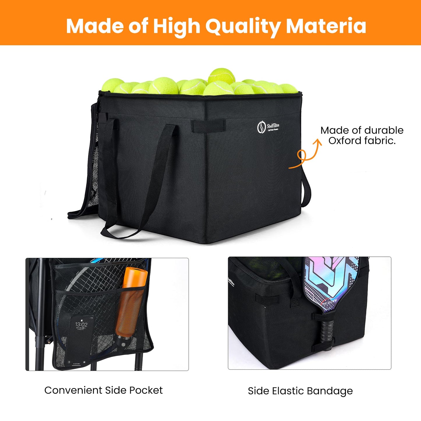 ShelfElites Portable Tennis Ball Hopper & Pickleball Basket, Foldable Tennis Ball Cart with Storage Bag, Multi-Sport Ball Collector for Training & Practice (Big)