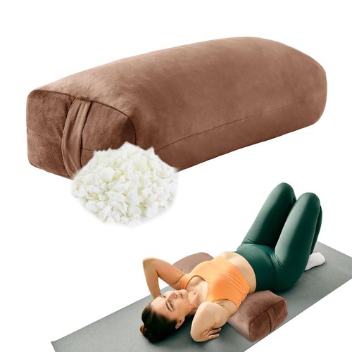 HOMBYS Shredded Foam Yoga Bolster Pillow for Restorative Yoga & Meditation, Versatile Rectangular Yoga Support Pillow Premium Meditation Cushion with Washable Velvet Cover& Carry Handle (Coffee Color)