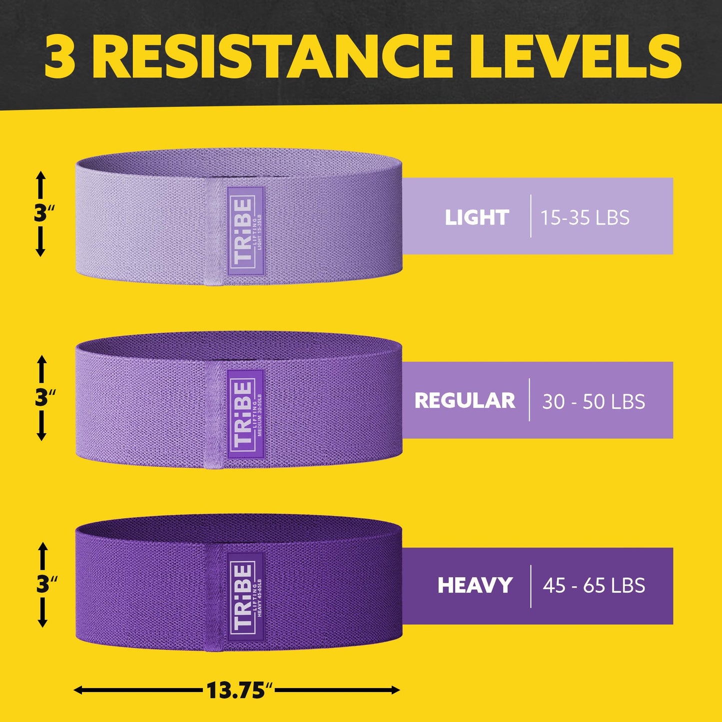 Tribe Lifting Resistance Bands for Working Out - 3 Pack Fabric Workout Bands for Women and Men - Booty Bands for Legs and Glute - Non Slip Exercise Bands Set for Squat Hip Thigh (Purple)