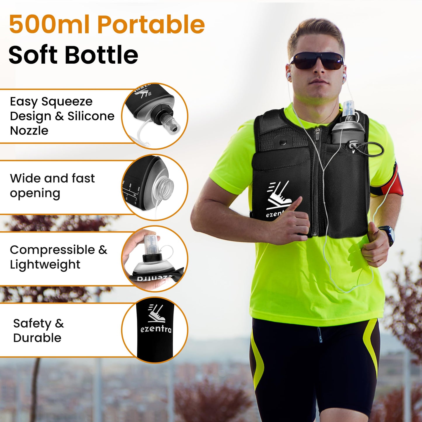 EZENTRA Running Vest Zip, Reflective Running Vests with 6 Pockets, 500ml Hydration Bottle, Adjustable Chest & Waistband, Breathable Material, Chest Pack Gear, Phone Holder, Men & Women,