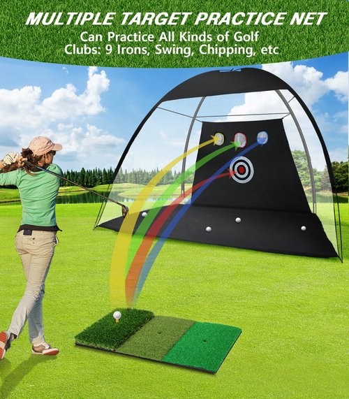 Golf Net, 10x7ft Golf Practice Net with Tri-Turf Golf Mat, All in 1 Home Golf Hitting Aid Nets for Backyard Driving Chipping Swing Training with Target/Mat/Balls/Tee/Bag - Gift for Men