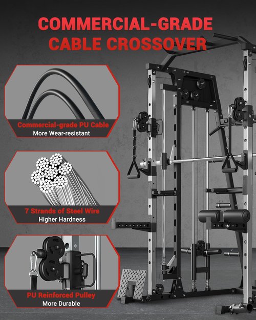 GarveeLife Smith Machine Home Gym All in One, 2200LBS Squat Rack Power Cage with Smith Bar, LAT Pull-Down, Cable Systems, Leg Hold-Down and More Attachments, Workout Equipment (Black)