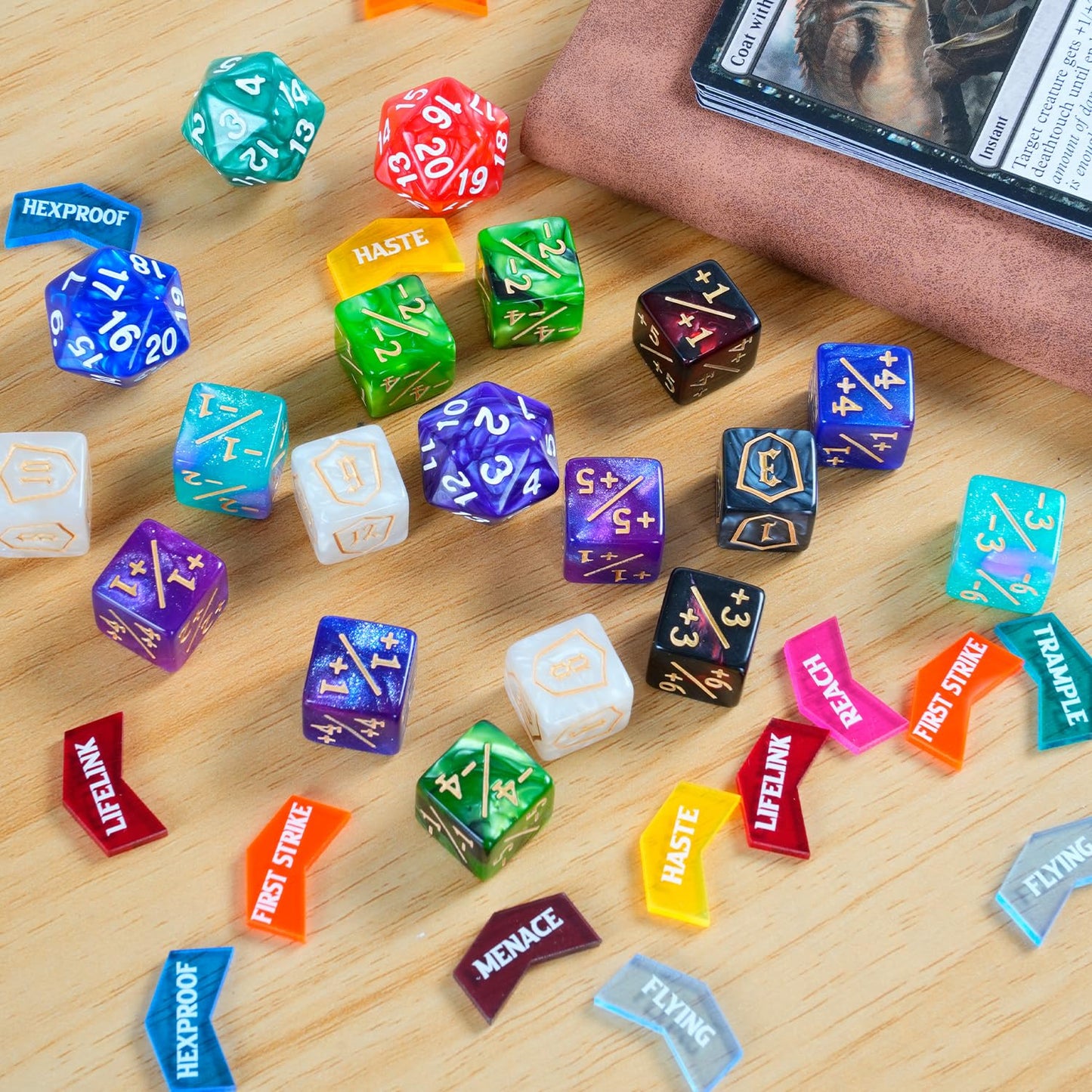 100 Pieces MTG Dice Keyword Counter Set Life Counter Game Tokens for Magic The Gathering Includes 36 Acrylic Keyword Counters +1/-1 Dice, Shield Dice, D20 Spindowns, Velvet Bags & Storage Box